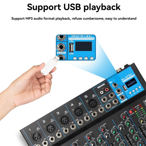 Mixer de áudio profissional de 7 canais com reprodutor de MP3 USB e plugue UE 1