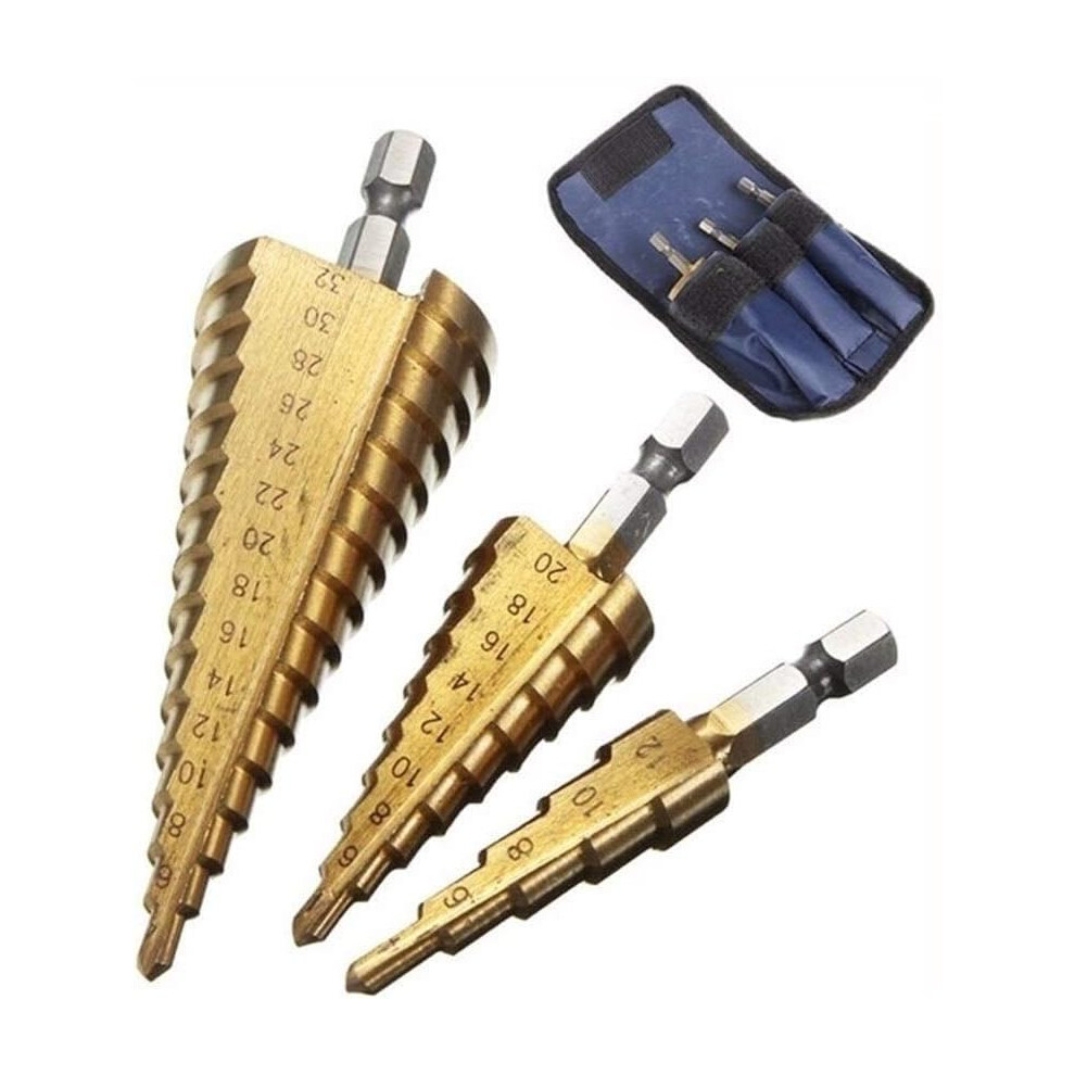 Step Drill, Carbide, Hex Shank, 1/4 Inch Hss Taper Drill Set, Metric, Titanium Alloy (3Pc) 6276012008349
