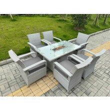 Fimous Light Grey Rattan Outdoor Garden furniture Set Gas Fire Pit Table and 6 Chairs Set with Seat Cushion