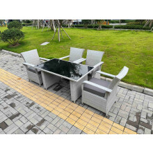 Fimous Light Grey Rattan Outdoor Garden furniture Set Black Tempered Glass Dining Table and 4 Chairs Set with Seat Cushion