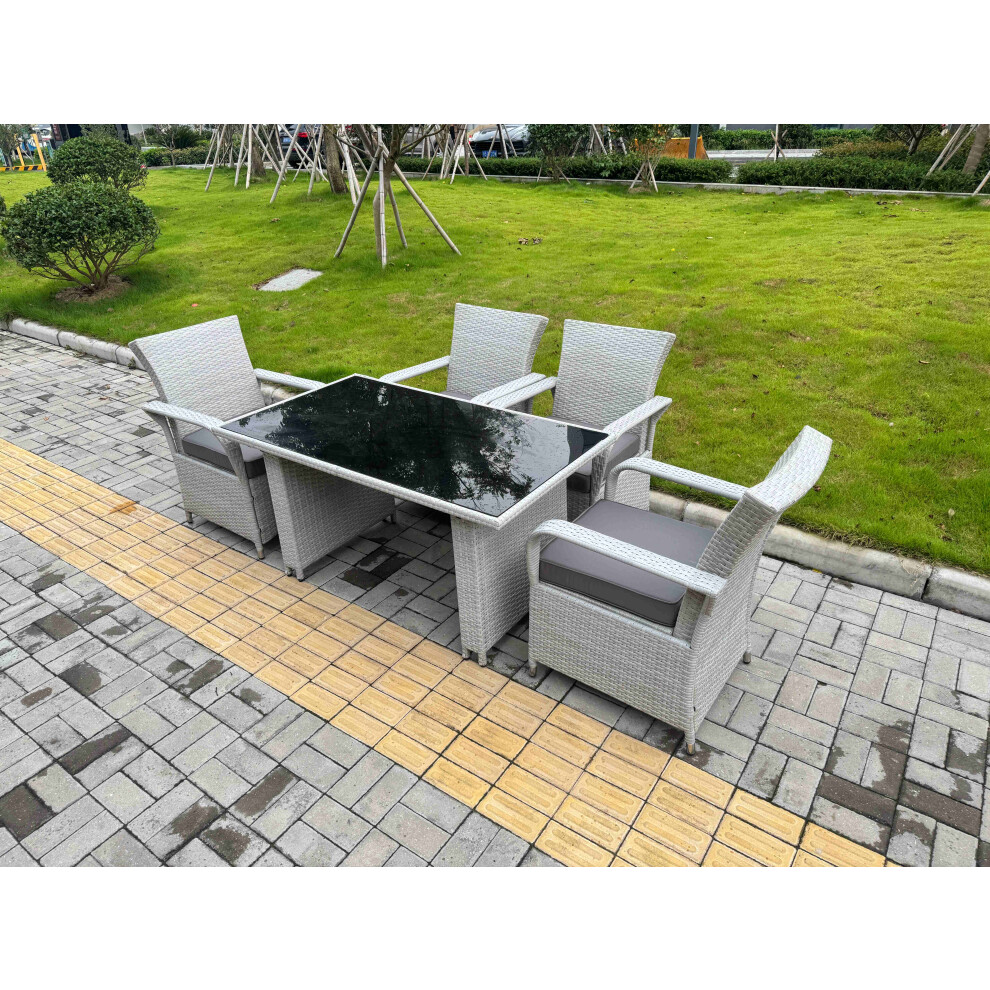 Fimous Light Grey Rattan Outdoor Garden furniture Set Black Tempered Glass Dining Table and 4 Chairs Set with Seat Cushion