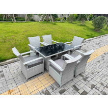 Fimous Light Grey Rattan Outdoor Garden furniture Set Black Tempered Glass Dining Table and 6 Chairs Set with Seat Cushion