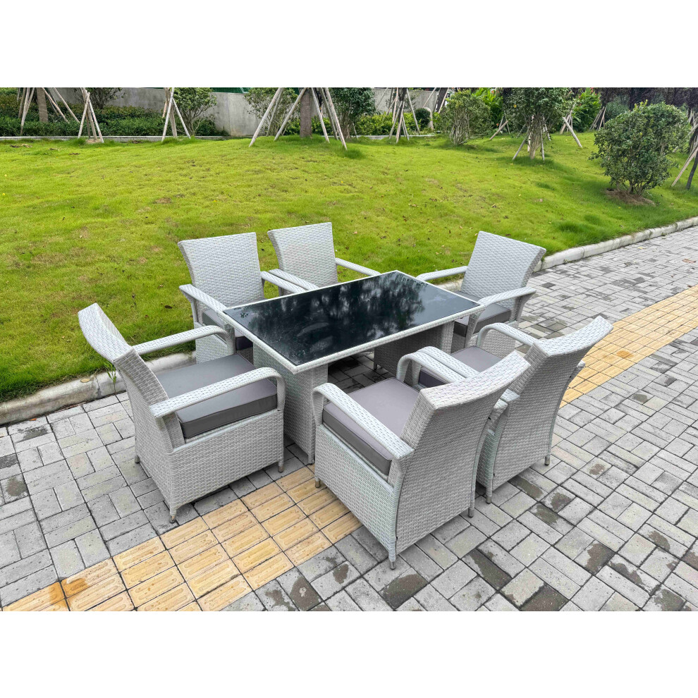 Fimous Light Grey Rattan Outdoor Garden furniture Set Black Tempered Glass Dining Table and 6 Chairs Set with Seat Cushion