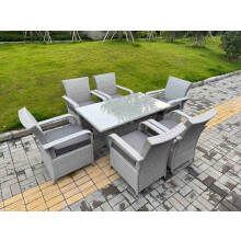 Fimous Light Grey Rattan Outdoor Garden furniture Set Rectangular Table and 6 Chairs Set with Seat Cushion