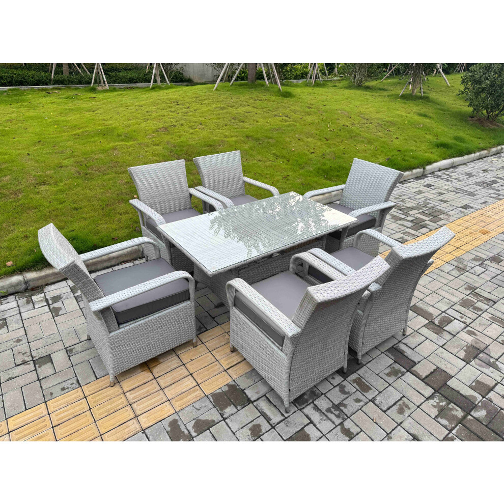 Fimous Light Grey Rattan Outdoor Garden furniture Set Rectangular Table and 6 Chairs Set with Seat Cushion