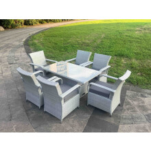 Fimous Light Grey Rattan Outdoor Garden furniture Set Height Adjustable Rising Lifting Table and 6 Chairs Set with Seat Cushion