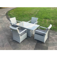 Fimous Light Grey Rattan Outdoor Garden furniture Set Height Adjustable Rising Lifting Table and 4 Chairs Set with Seat Cushion
