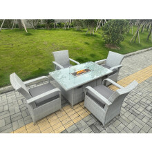 Fimous Light Grey Rattan Outdoor Garden furniture Set Gas Fire Pit Table and 4 Chairs Set with Seat Cushion