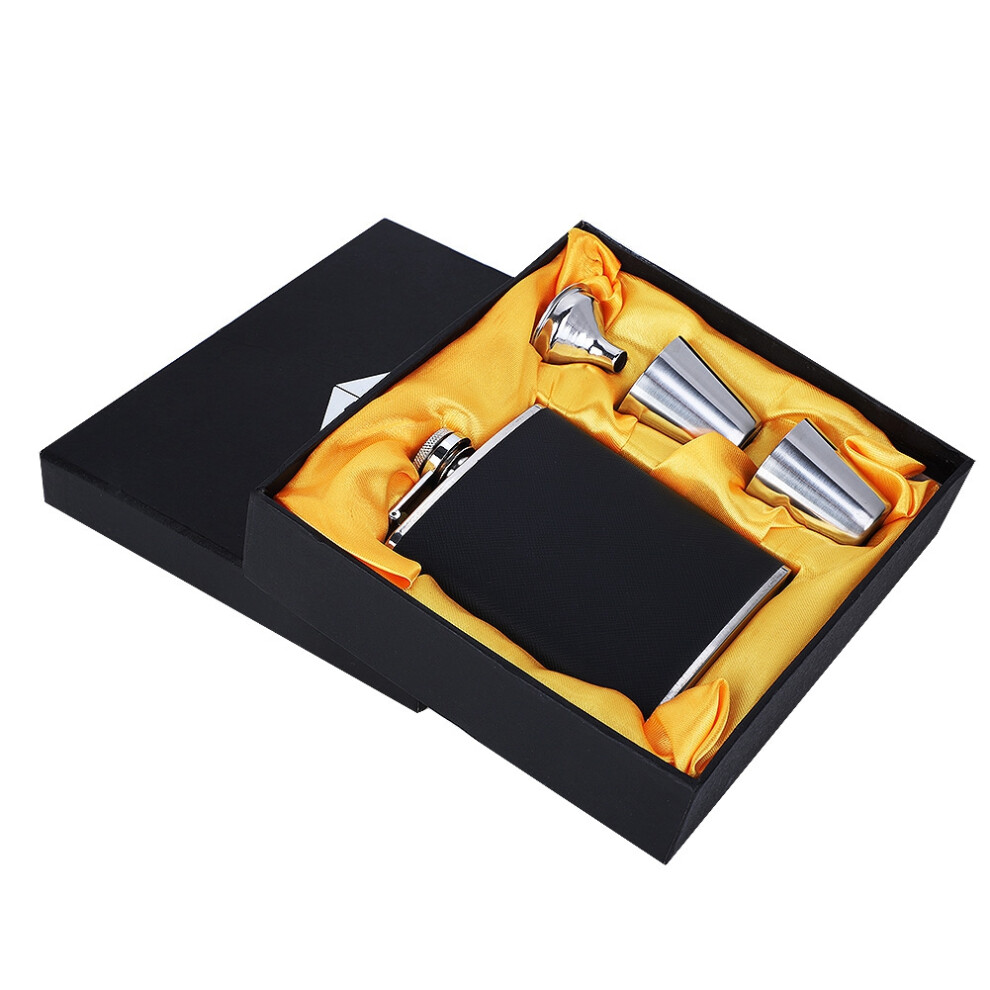 Stainless Steel Hip Flask Black Leather Funnel with Two Wine Cups Set for Birthday Gift(7oz)-image-OPC-PJ2W6G7-NEW
