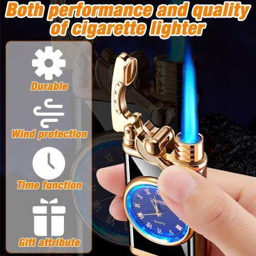 Lighter with Clock, Windproof Lighter Gas Refillable, Windproof Jet Lighter, Adjustable Inflatable Lighter with Gift Box for Men and Father Gift 2