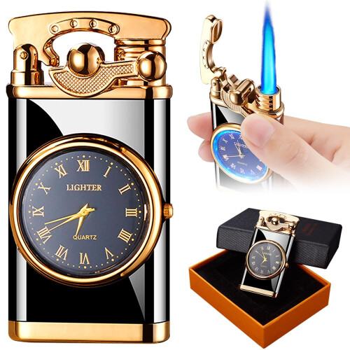 Lighter with Clock, Windproof Lighter Gas Refillable, Windproof Jet Lighter, Adjustable Inflatable Lighter with Gift Box for Men and Father Gift