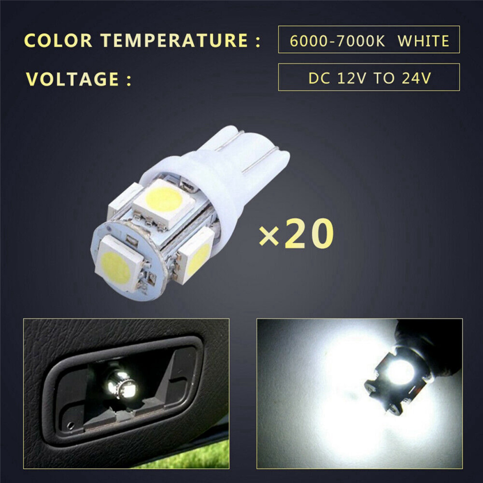 20Pcs Super T10 Wedge 5-Smd 5050 Led Bulbs W5w 2825 158 White/Light 4713272660112