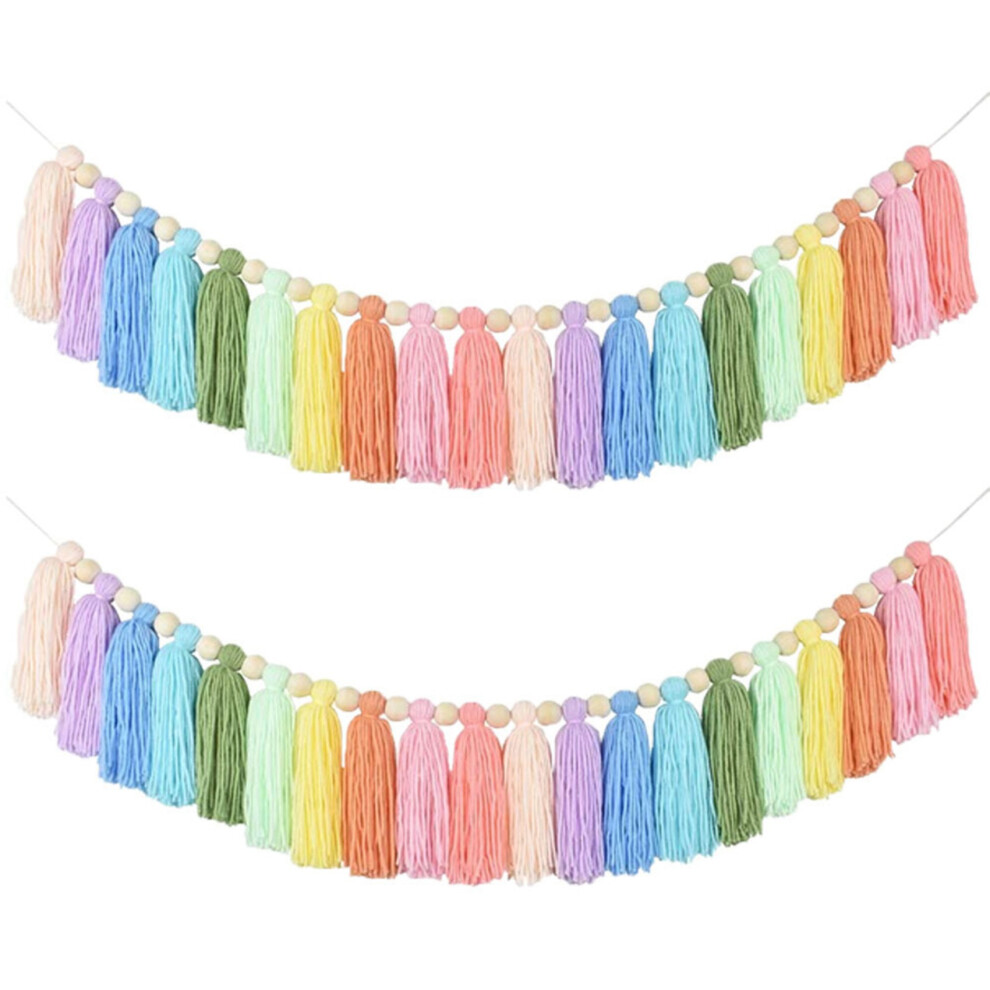 2X 37Inch Rainbow Tassel Garland with Wood Bead for Bedroom Decor