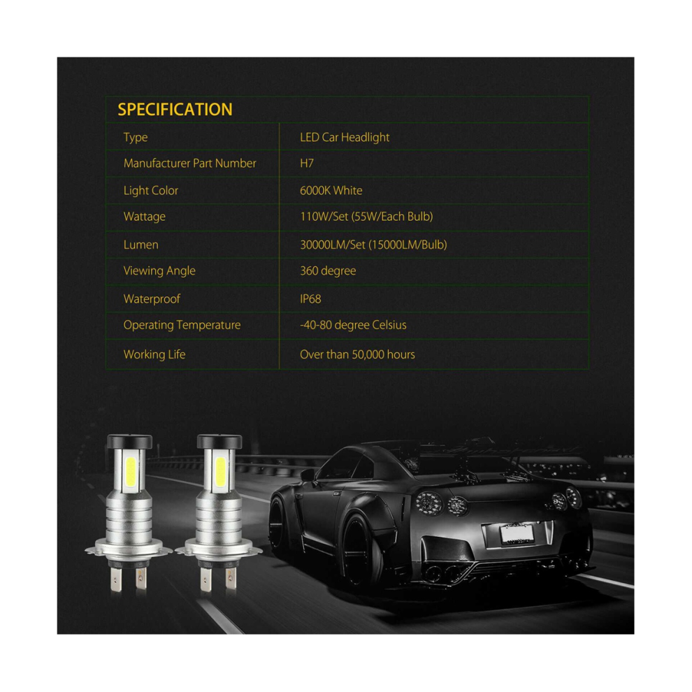 2X H7 Led Headlight Bulb Kit High Low Beam 100W 30000Lm 6000K White 4713239287482