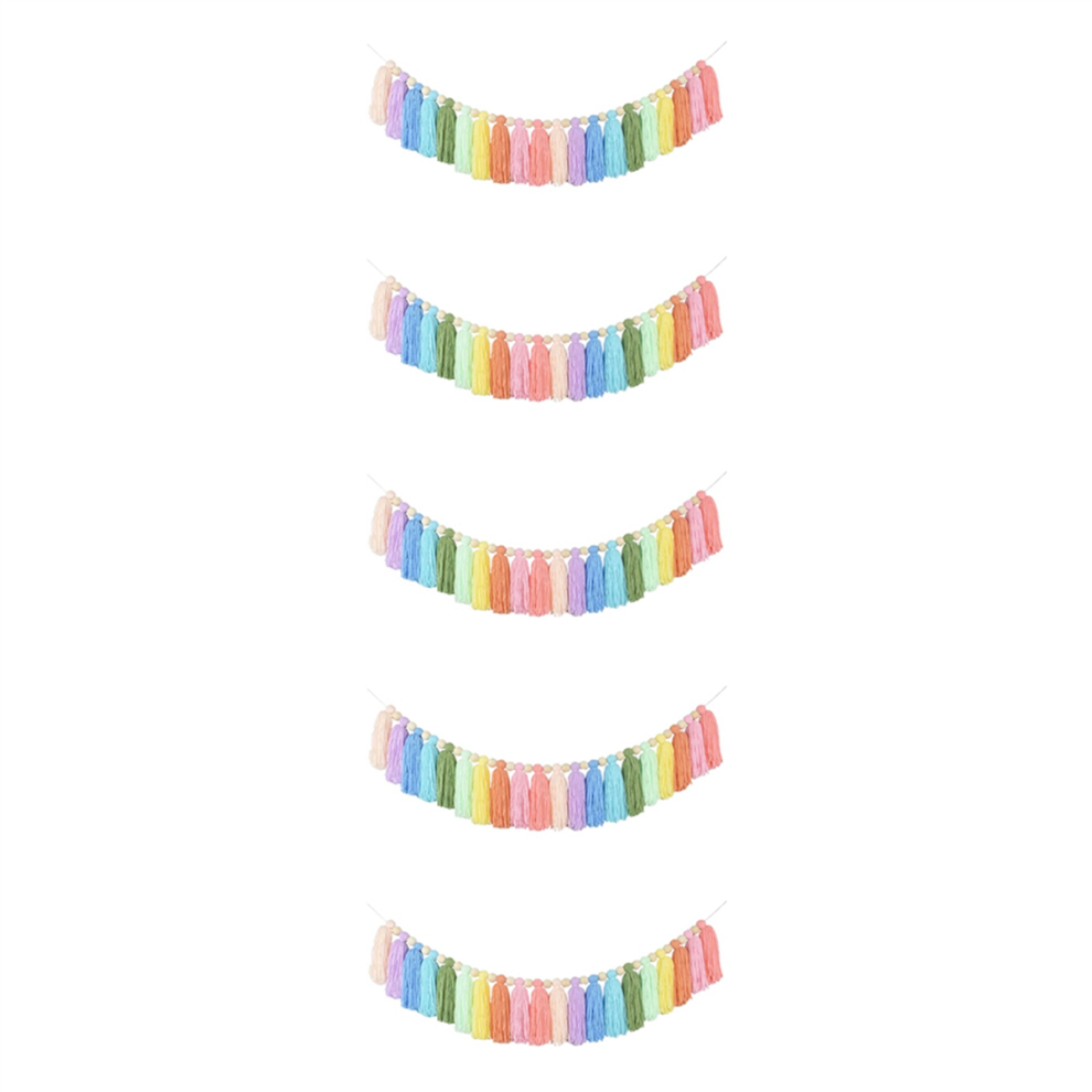 37Inch Rainbow Tassel Garland with Wood Bead for Bedroom Party Decor