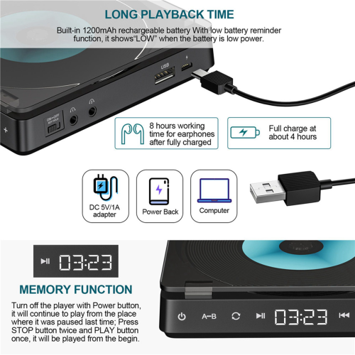 3X Compact Sports CD Player Touch Button Rechargable Disc Player 2