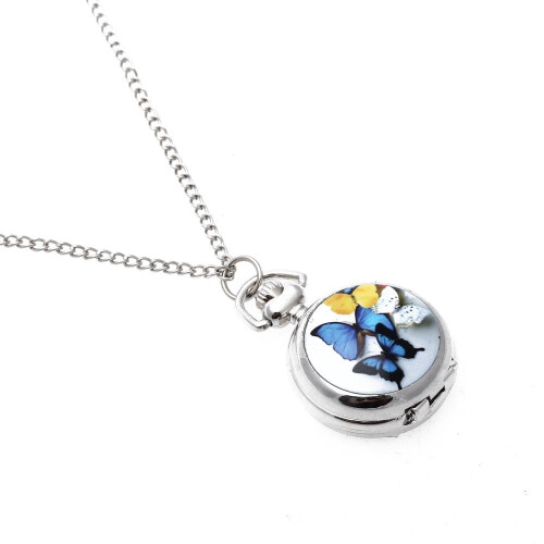 Colar com pingente de relógio de bolso de quartzo estilo vintage com borboleta. 2