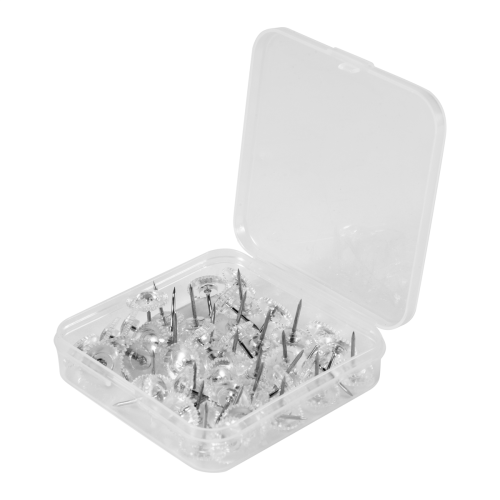 Conjunto de 50 tachinhas com ponta de aço e cabeça de plástico transparente para quadro de cortiça. 1