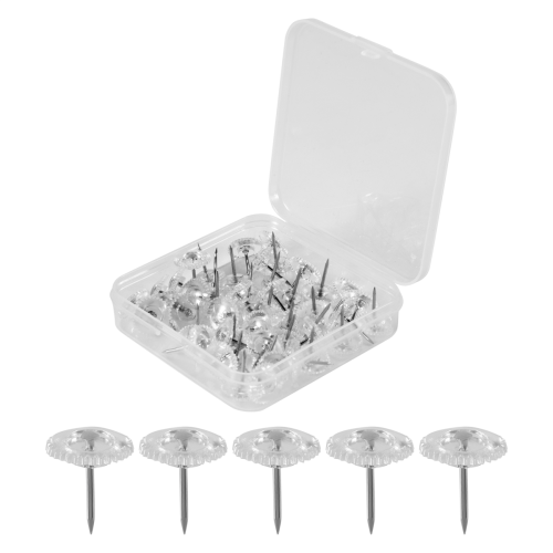 Conjunto de 50 tachinhas com ponta de aço e cabeça de plástico transparente para quadro de cortiça. 2