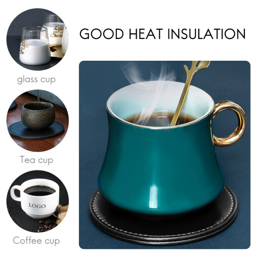 Set of 6 Leather Drink Coasters Round Cup Mat Pad Kitchen Use Black 2