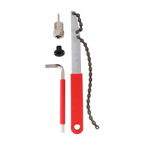 Ferramenta para remoção de cassete de bicicleta com extrator de corrente e chave auxiliar.