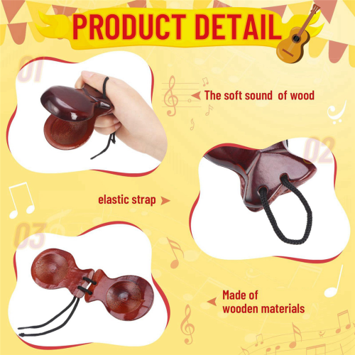 1 Pair Spanish Castanets Wood Hand Percussion Castanets(Brown) 2