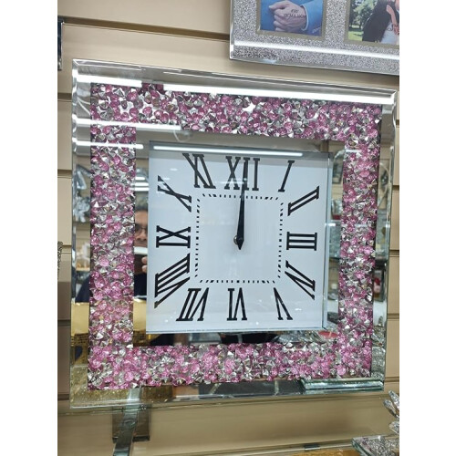 Pink Silver Crystal Crushed Clock 40Cm