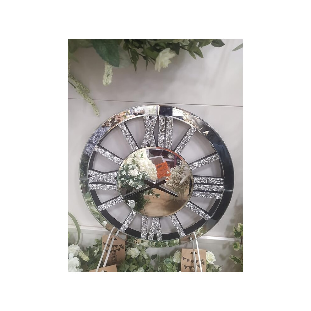 Biznest Crushed Crystal Roman Clock 40Cm Silver