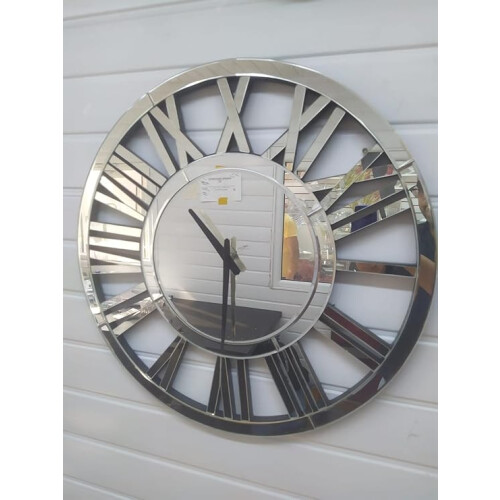 Round Mirrored Clock Roman Numeral Silver 60Cm