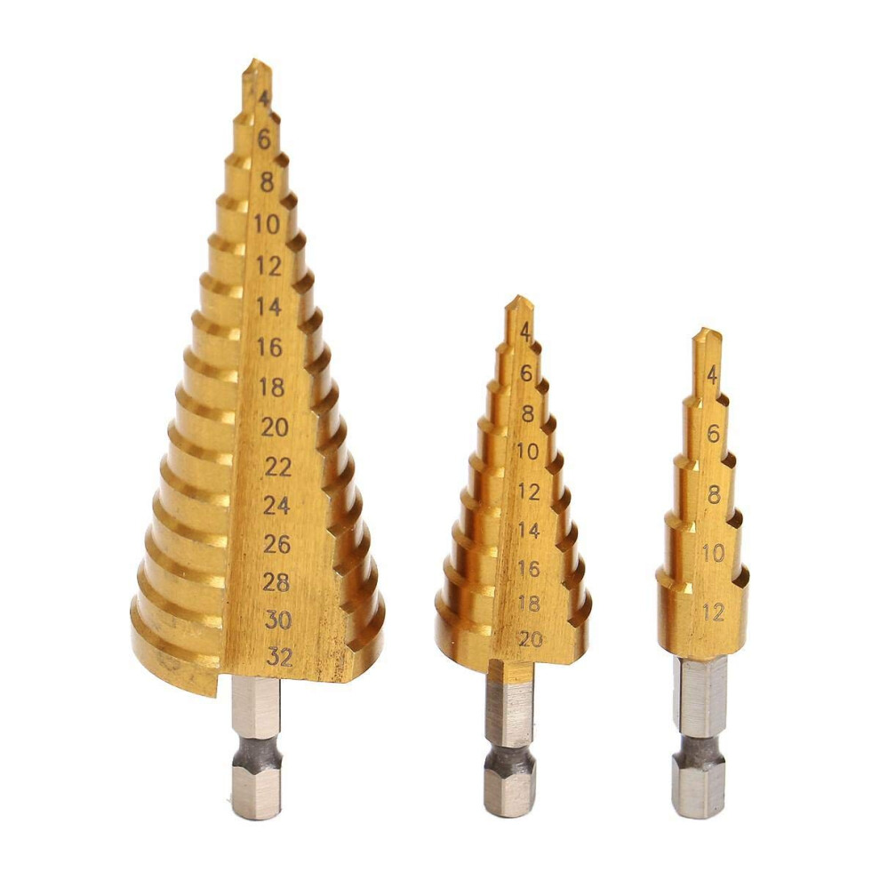 Spiral Fluted Step Drill, 3Piece 4 12/4 20/4 32 Mm Step Drill Set With 1/4 Inch Hex Shank 6276012016429