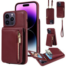(Claret, iPhone11) Suitable for iPhone 17 Pro Max mobile phone case crossbody zipper Apple 16 accordion bag card slot XR protective cover SE2