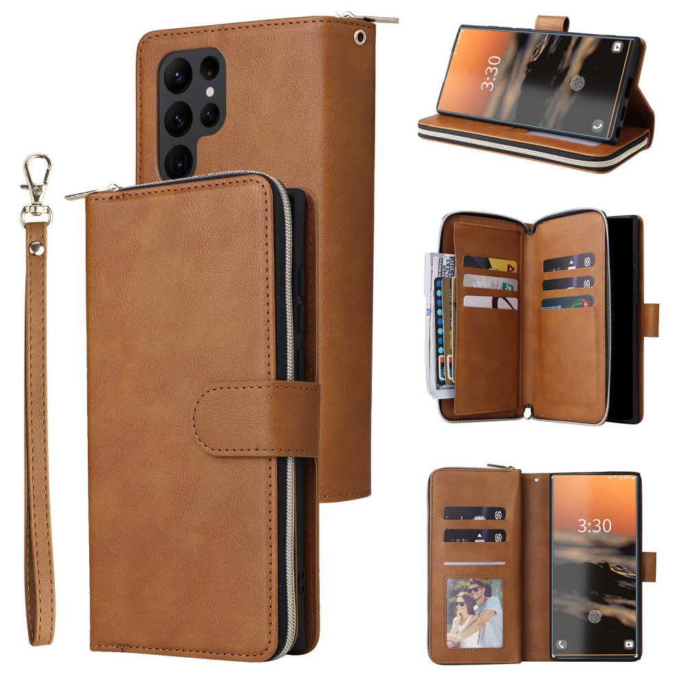 Photos - Case  Suitable for Samsung S25ultra 9-carat zipper bag mobile phone leather  S24FE multi-function wallet prote(brown, A20/30)