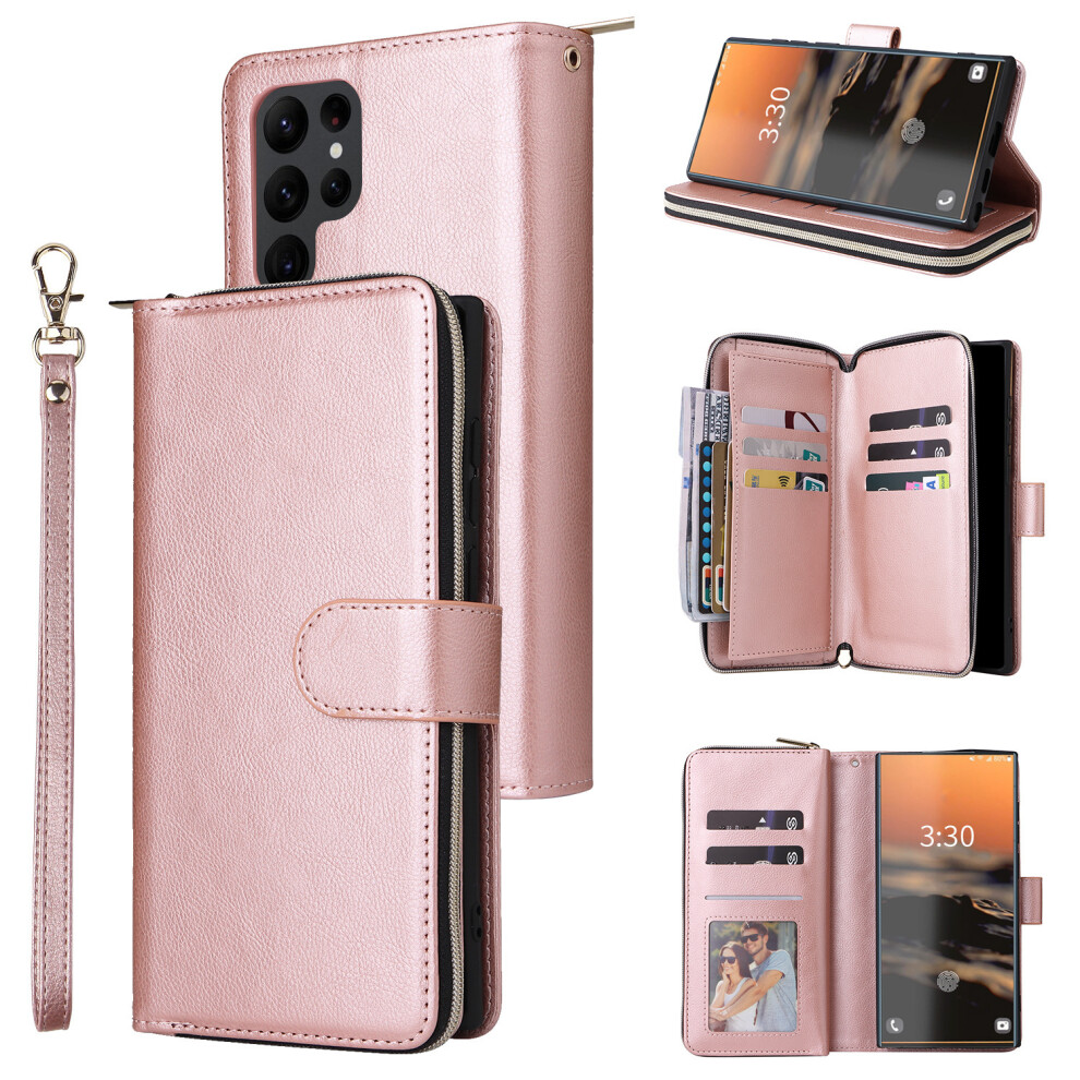 Photos - Case  Suitable for Samsung S25ultra 9-carat zipper bag mobile phone leather  S24FE multi-function wallet(Rose gold, S23PLUS)