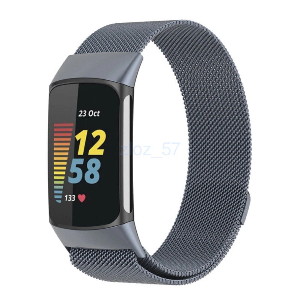 ( Milanese Stainless Steel Magnet Strap) For Fitbit Charge 5 Strap Milanese Stainless Steel Band Magnetic Loop Strap Grey 4069369070716