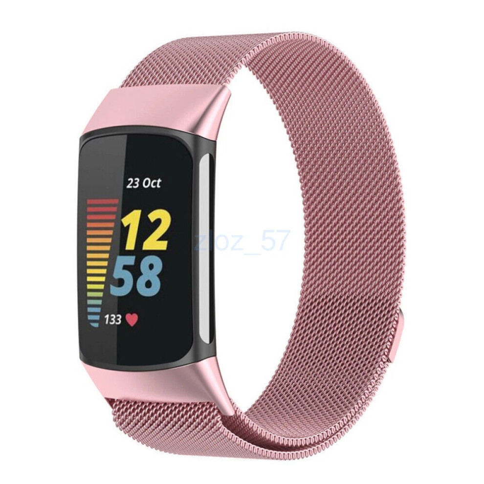 (Rose For Fitbit Charge Strap Milanese) For Fitbit Charge 5 Strap Milanese Stainless Steel Band Magnetic Loop Strap Pink 4069369070747