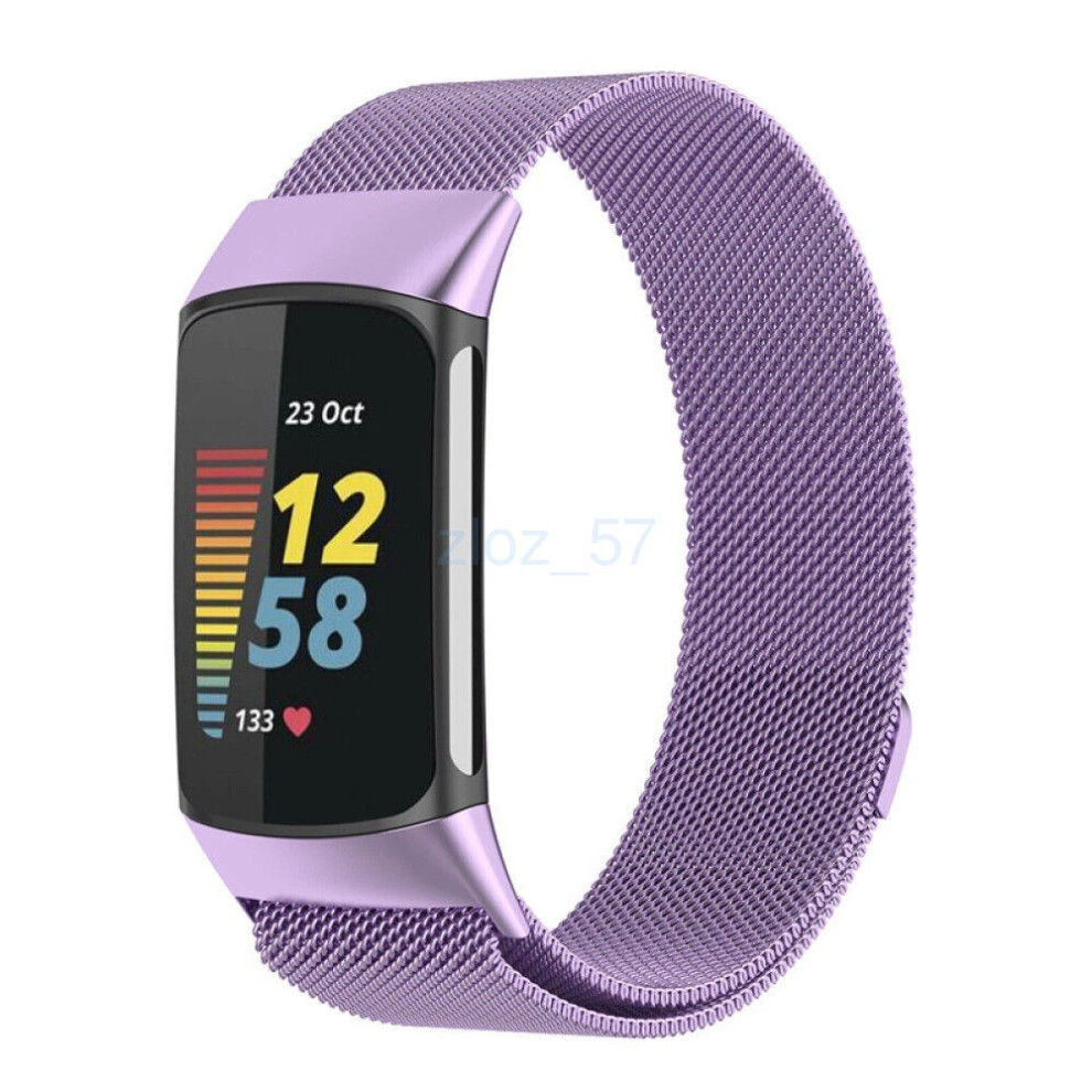 ( Fitbit Charge Replacement Milanese Band) For Fitbit Charge 5 Strap Milanese Stainless Steel Band Magnetic Loop Strap Purple 4069369070723