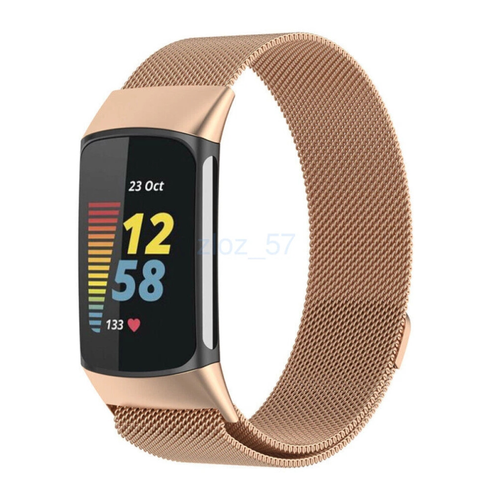 (Rose Fitbit Charge Replacement Band) For Fitbit Charge 5 Strap Milanese Stainless Steel Band Magnetic Loop Strap New Golden 4069369070815