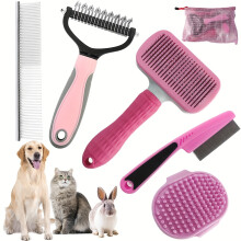 (6pcs Pink) 6pcs Pet Grooming Kit: Stainless Steel Dog & Cat Deshedding Tools with Storage Bag - Ideal for All Breeds