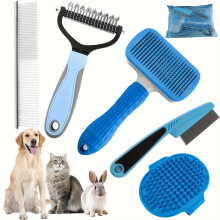 (6pcs Blue) 6pcs Pet Grooming Kit: Stainless Steel Dog & Cat Deshedding Tools with Storage Bag - Ideal for All Breeds
