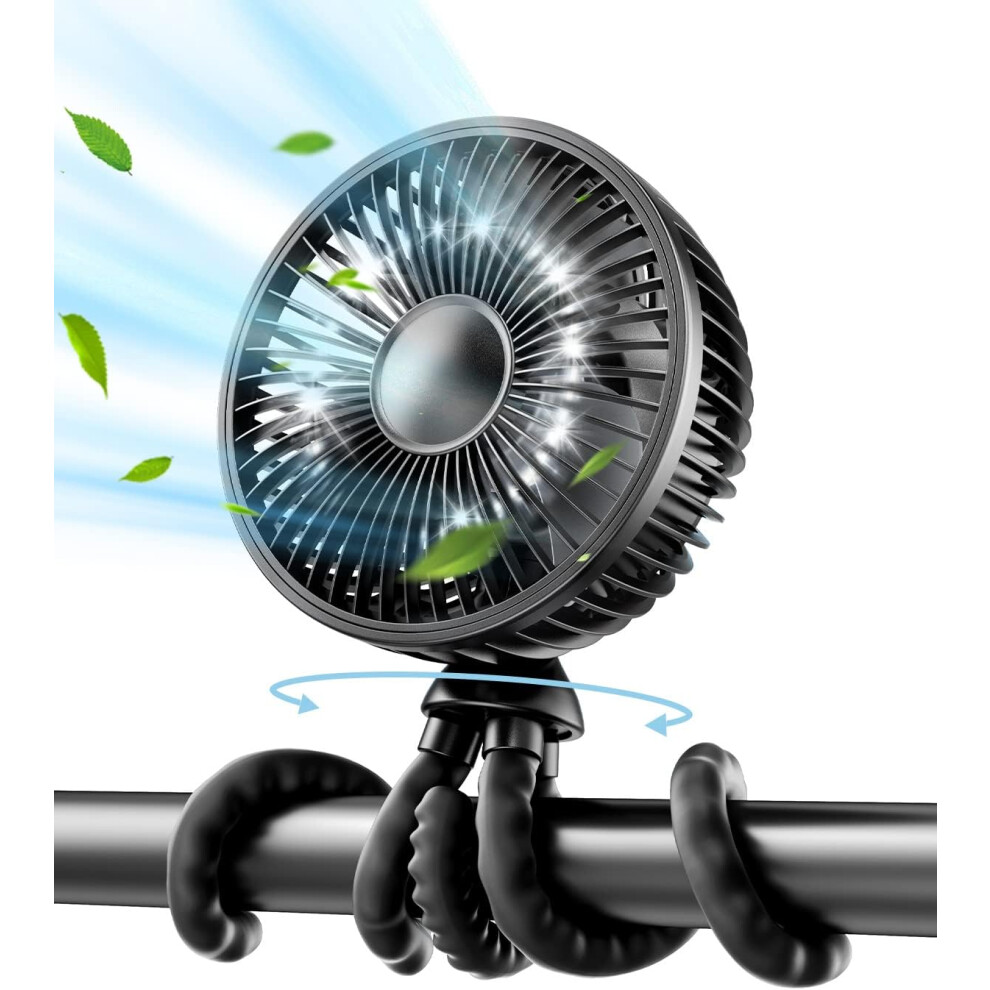 Baby Stroller Fan, 4000Mah Oscillating Mini Portable Fan With 4 Speeds Battery 360 Rotate Flexible Tripod Clip On Fan For Car Seat Light 8901606781671