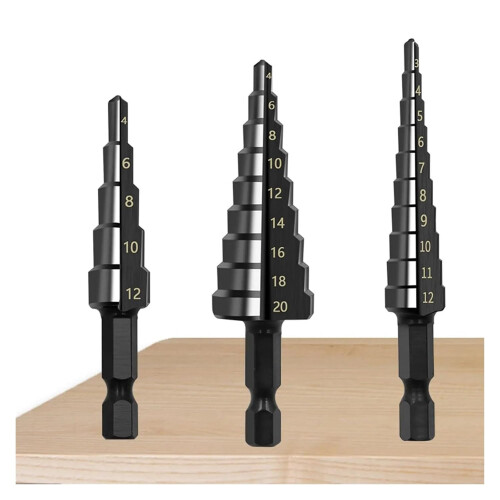 3part step drill set, taper drill for wood and metal, multiple hole sizes black 1