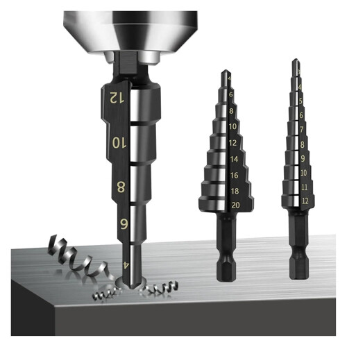 3part step drill set, taper drill for wood and metal, multiple hole sizes black 2