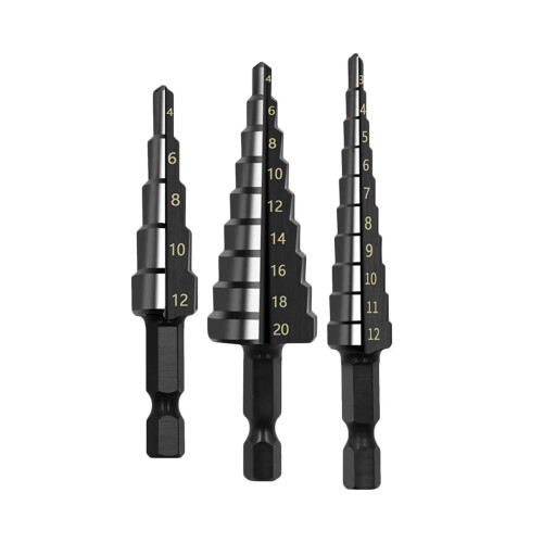 3part step drill set, taper drill for wood and metal, multiple hole sizes black