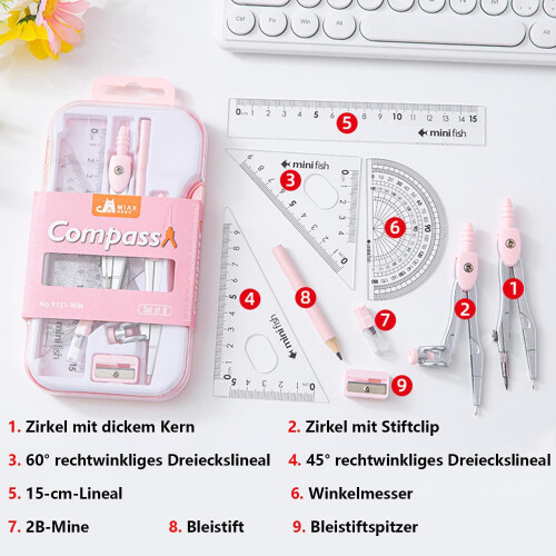Premium Compass Set, Quick Adjustment, 9Piece Geometry Set for School, Office 1