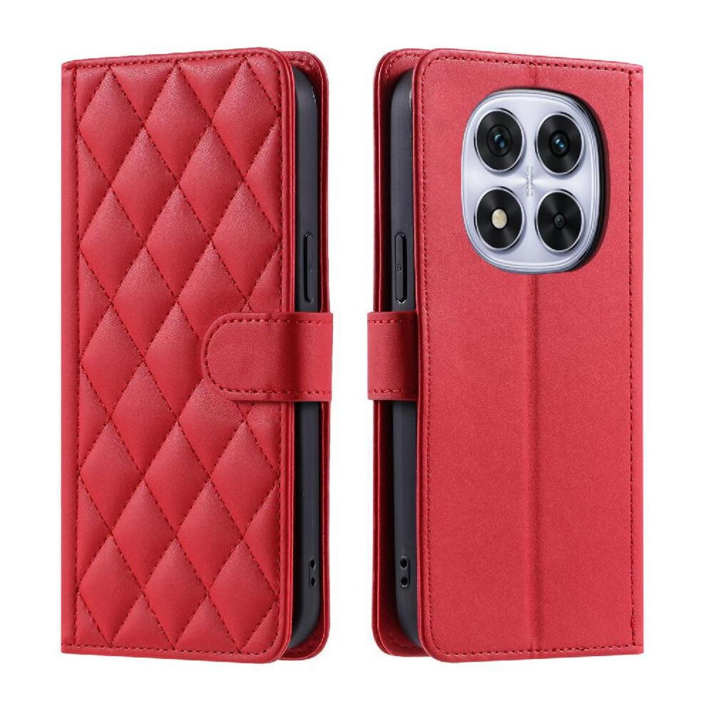 (Red) Phone Case For Xiaomi Mi Note 14 Pro 4G Magnetic Card Slots Holder Hand Strap Lattice Flip Folio Wallet Red 764563121717