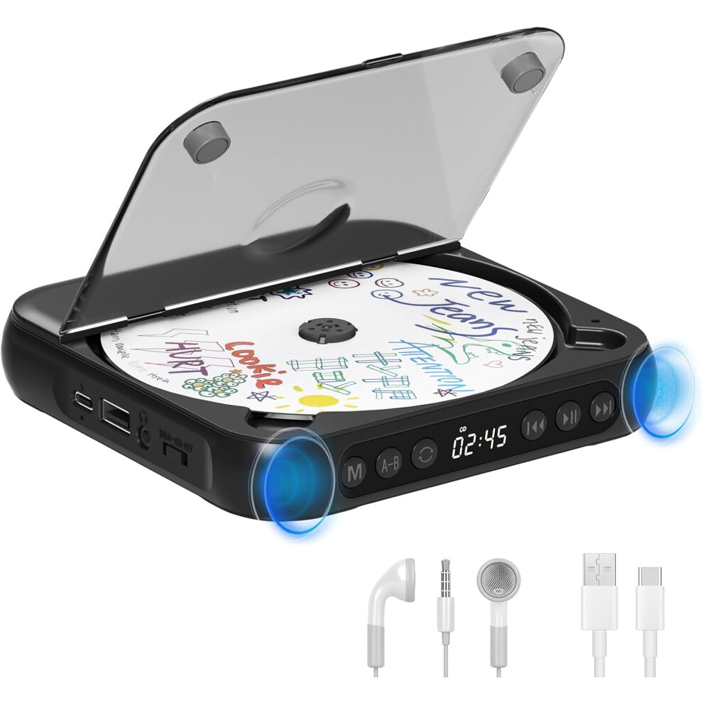 (Black) Portable Cd Player With Bluetooth, Rechargeable Walkman Cd Player For Home, Built-In Hifi Speakers, Headphones, Lcd Screen Black 749691459635