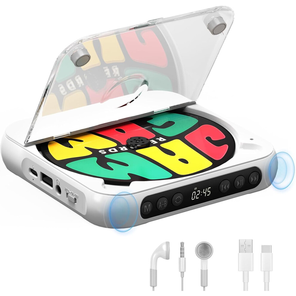 (White) Portable Cd Player With Bluetooth, Rechargeable Walkman Cd Player For Home, Built-In Hifi Speakers, Headphones, Lcd Screen White 749691459666