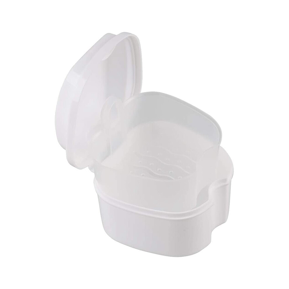 White Denture Case, Cup With Strainer, With Net Container Holder