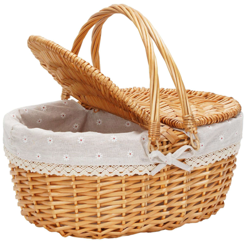 Cesta de piquenique de vime com tampa, cesta de vime com alça e forro