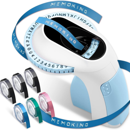 E975 Embossing Label Printer Machine with 6 Rolls Emboss Tapes, Blue